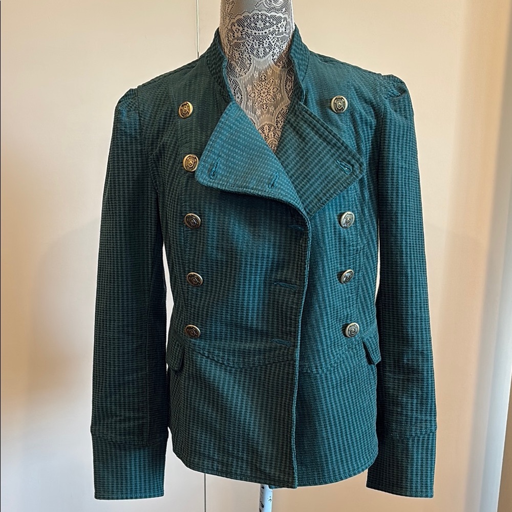 Cabi Lennon Teal Green Corduroy Blazer Jacket Gold Crest Buttons Military Size S